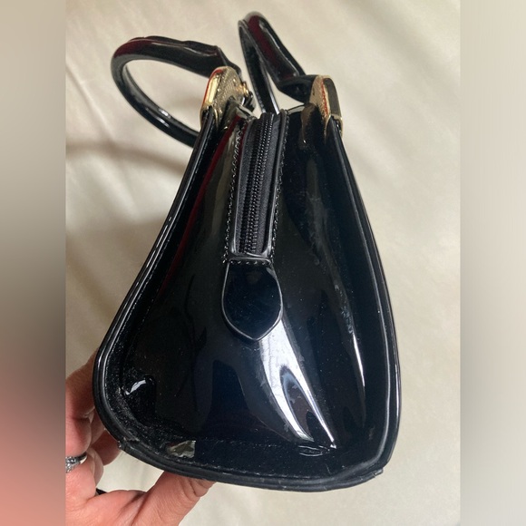 Vintage Black Patent Leather Satchel Bag with Gold Details - Picture 14 of 15